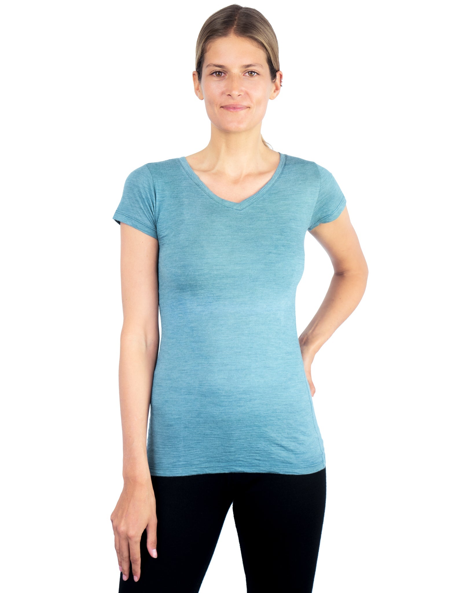 Women's Alpaca Wool T-Shirt: 160 Ultralight V-Neck color Natural Turquoise
