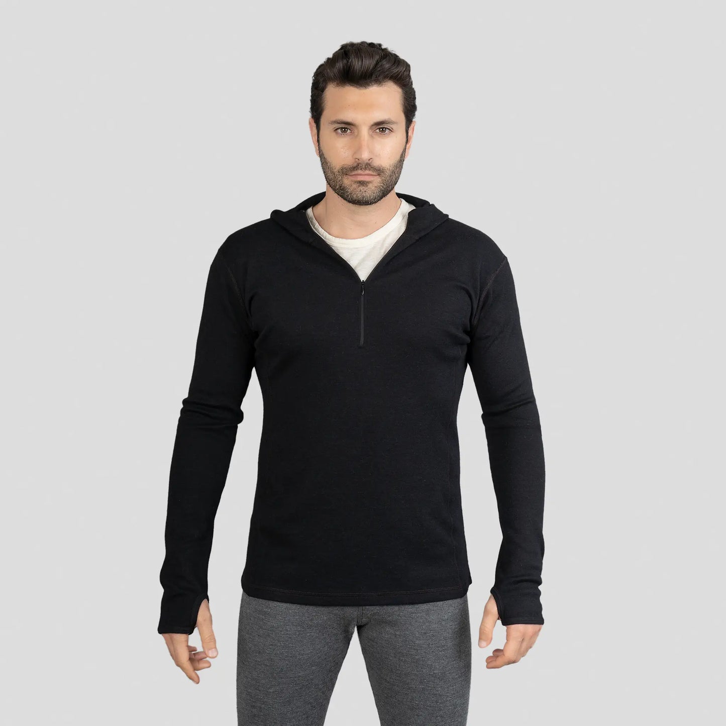 Men's Alpaca Wool Hoodie: 300 Lightweight Half-Zip color Black